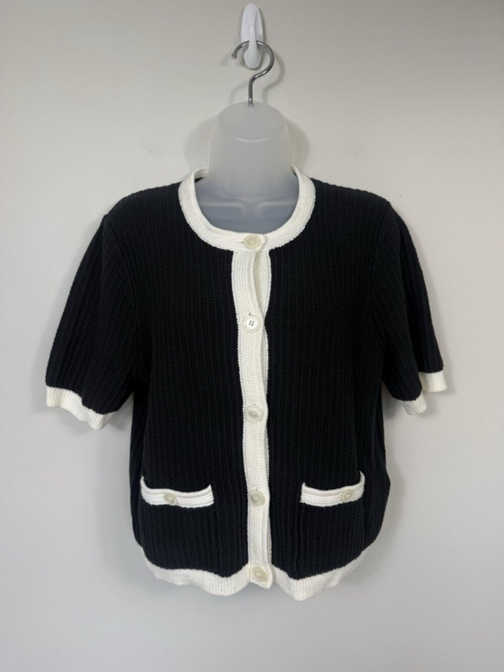 J Crew Sweater Women Medium Cardigan Navy Blue Short Sleeve Cotton Knit Nautical